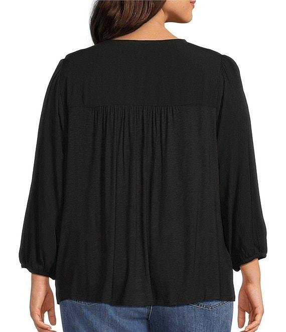 Nurture Plus Size 3/4 Sleeve Keyhole Neck Embroidered Square Yoke Top Product Image