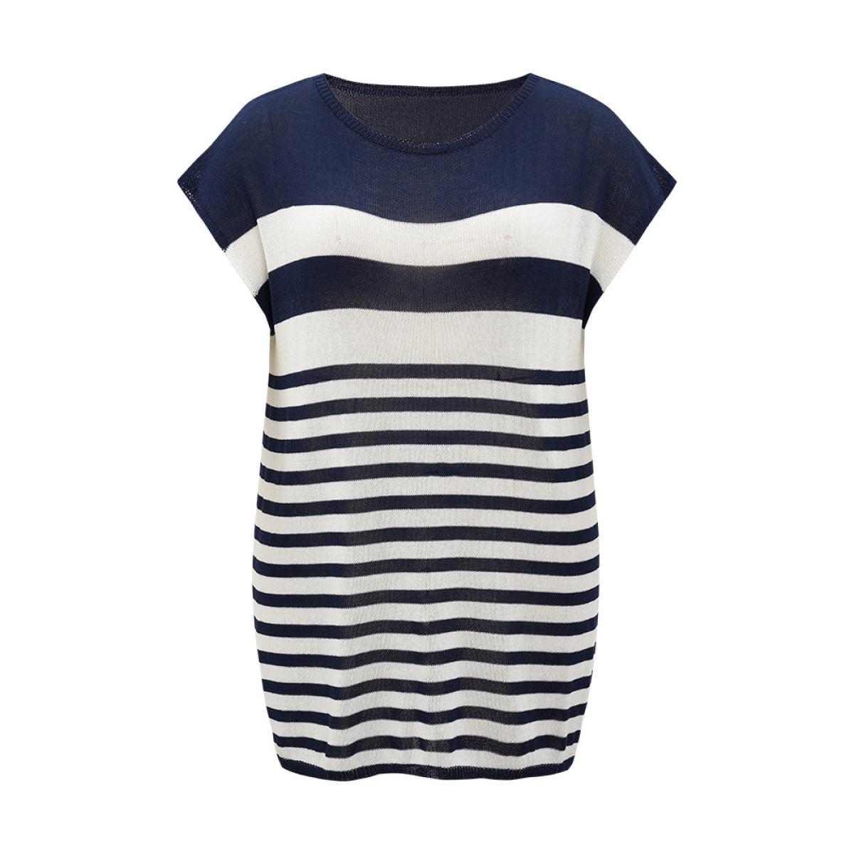 Plus Size Striped Contrast Boat Neck Cap Sleeve Pullover Indigo Women Casual Loose Short sleeve Round Neck Dailywear Pullovers BloomChic 28/5X Product Image