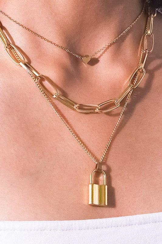 Gold Layered Lock and Heart Necklace Set Product Image