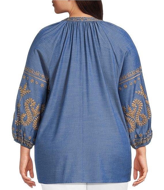 Calessa Plus Size Embroidered Chambray Split V-Neck Long Sleeve Tunic Product Image