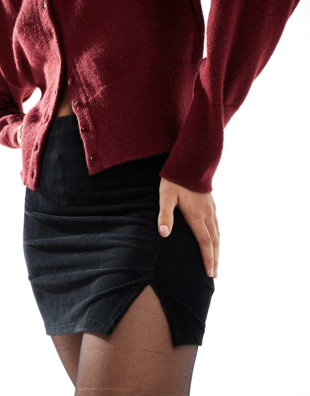 Miss Selfridge velvet rib notch mini skirt in black Product Image