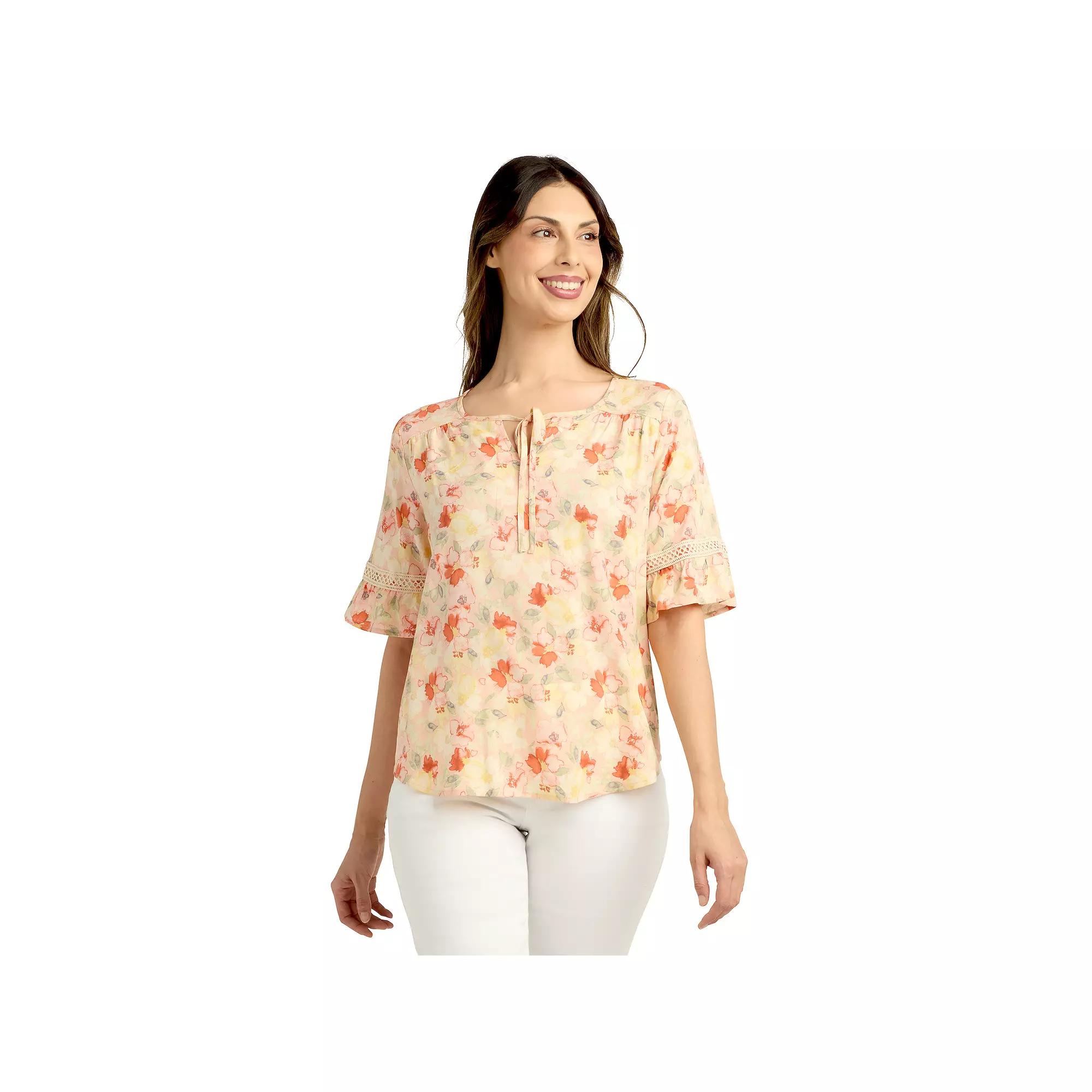 Women's AB Studio Elbow Sleeve Tie-Neck Top,  Product Image