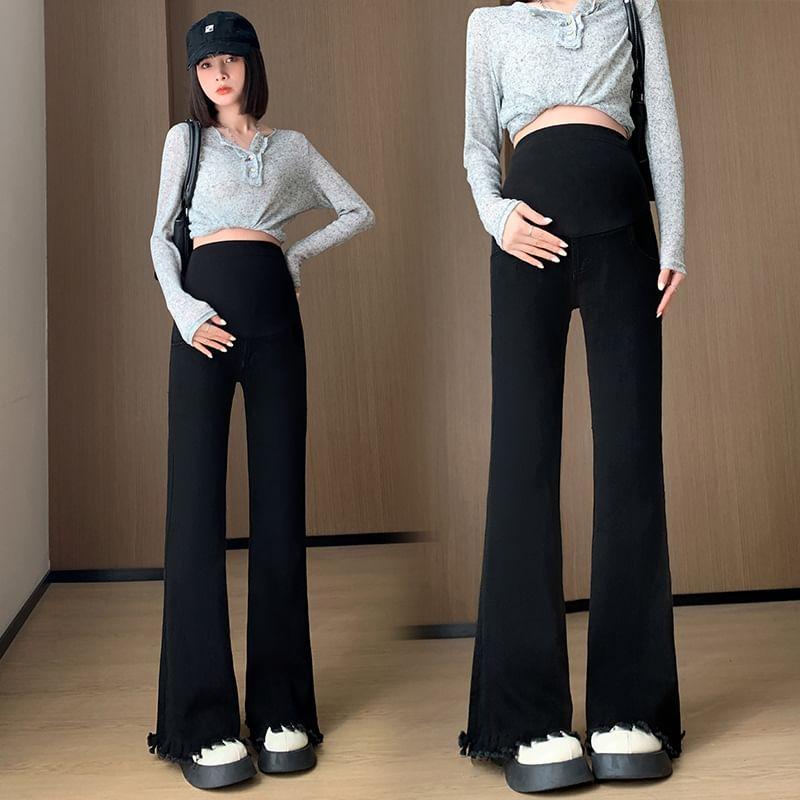 Maternity Elastic Waist Fray Flared Jeans Product Image