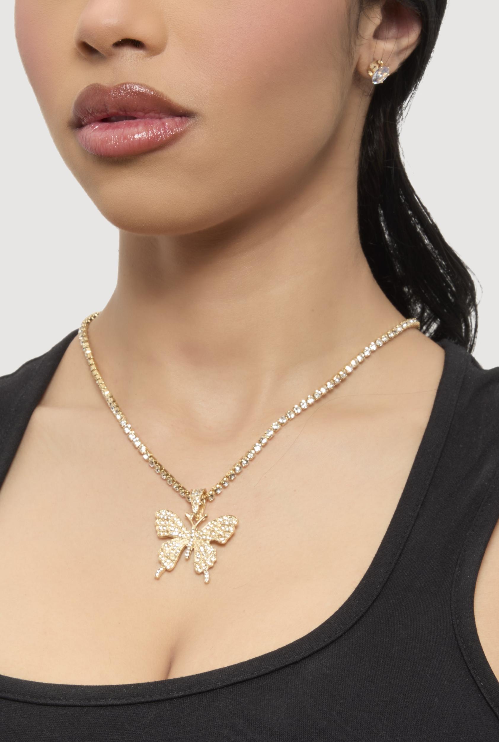 Cubic Zirconia Butterfly Necklace and Stud Earrings Unisex Product Image