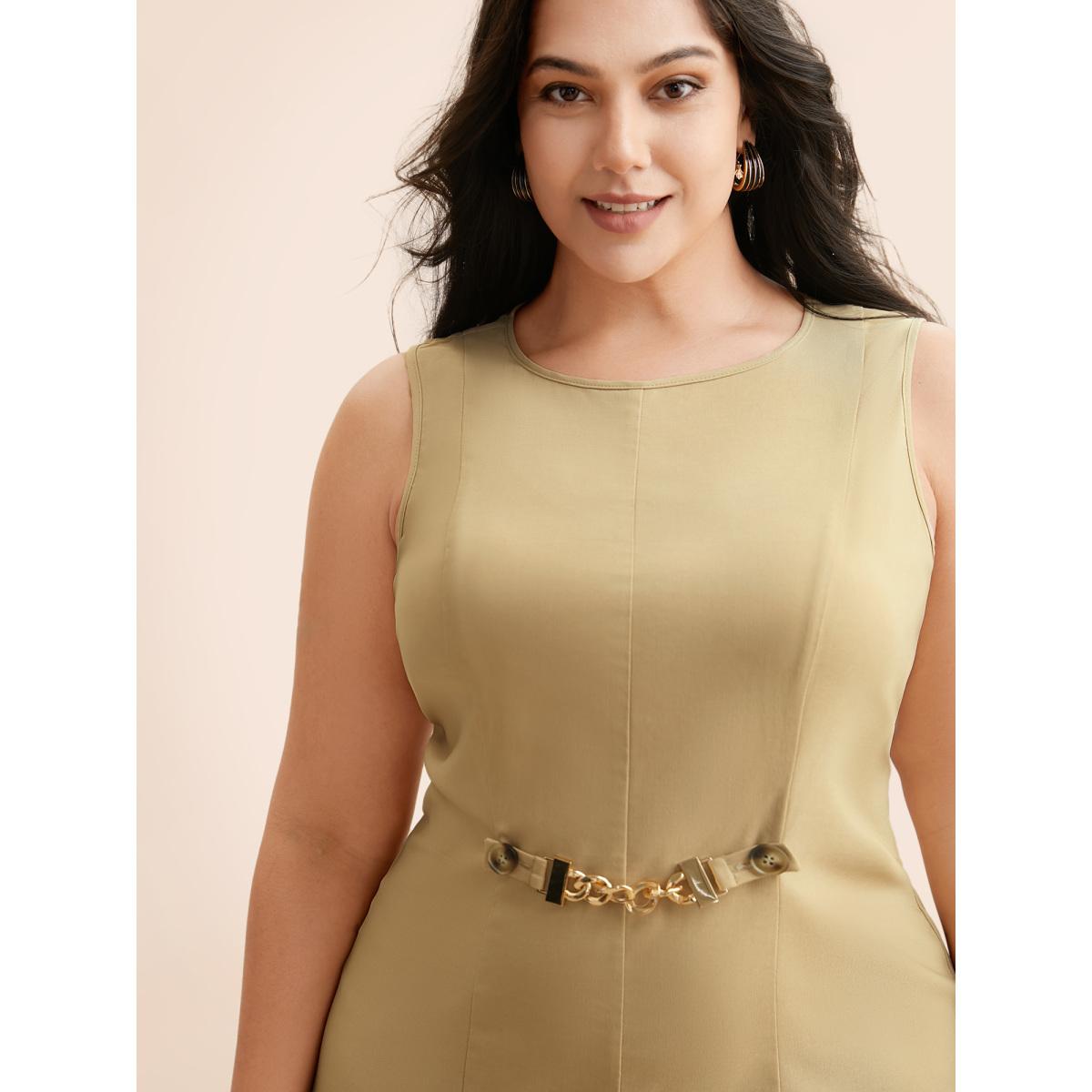 Plus Size Round Neck Metal Chain Detail Tank Dress Champagne Women Elegant Non Round Neck Sleeveless Curvy BloomChic 18-20/2X Product Image