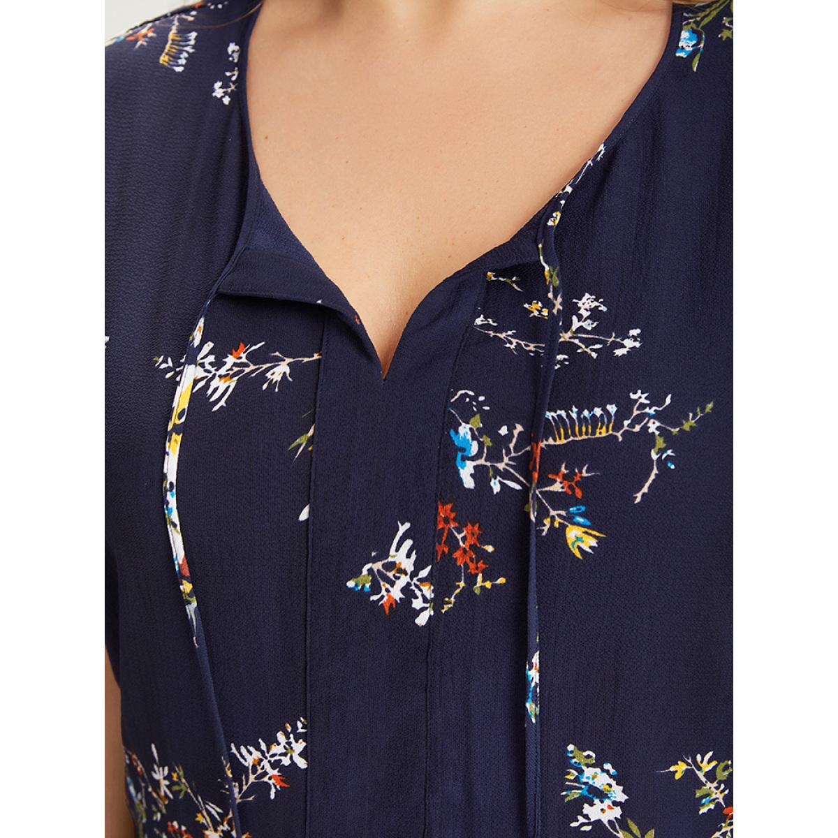 Plus Size Blue Floral Print Knot Neck Blouse Women Elegant Short sleeve Tie Neck Dailywear Blouses BloomChic 10/M Product Image