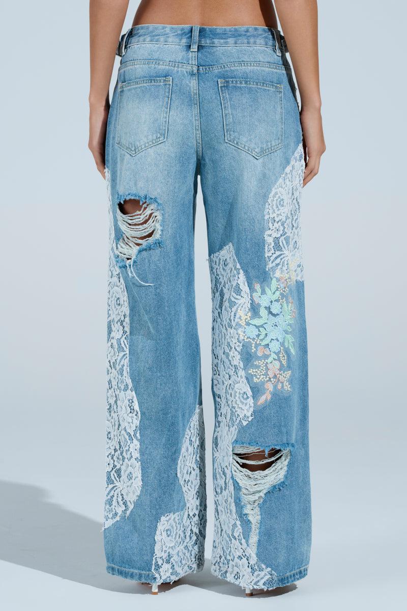 PICKING PETALS FLORAL AND LACE DETAIL DENIM PANTS Product Image