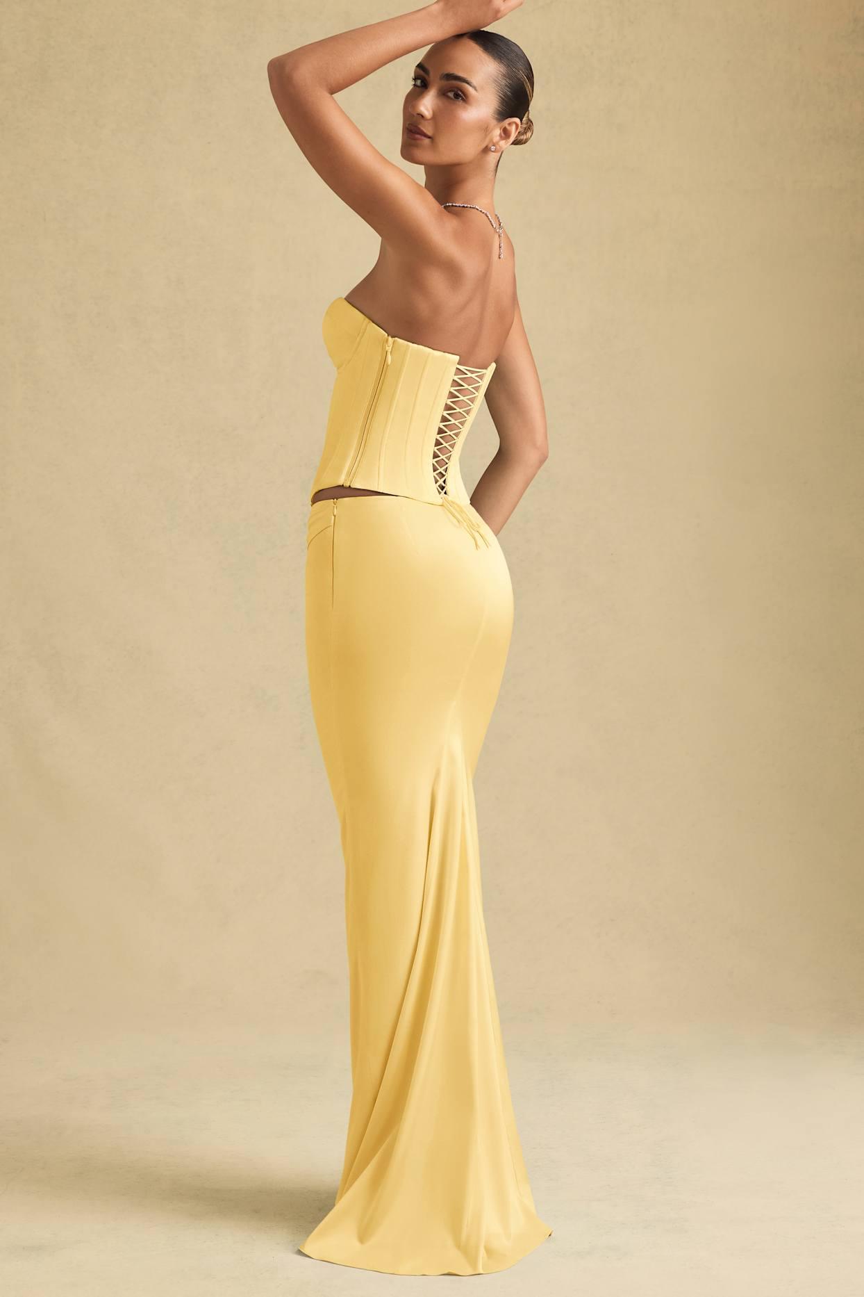 Draped Low-Rise Maxi Skirt in Pastel Yellow Product Image