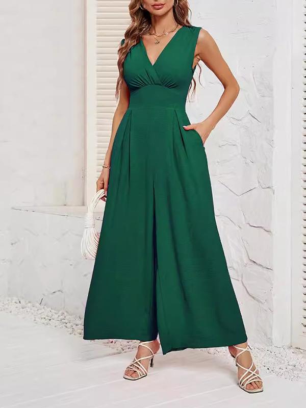 Loose Sleeveless Pleated Solid Color Split-Joint V-Neck Jumpsuits Product Image