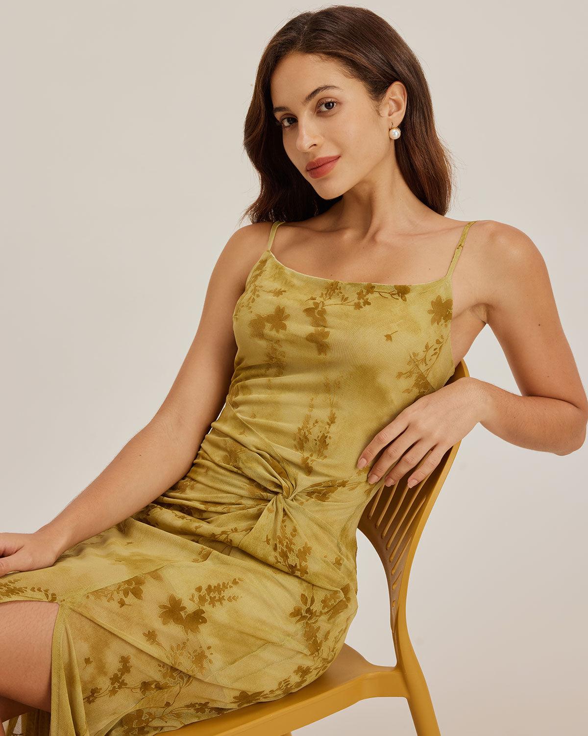 Green Floral Ruched Slip Midi Dress Product Image