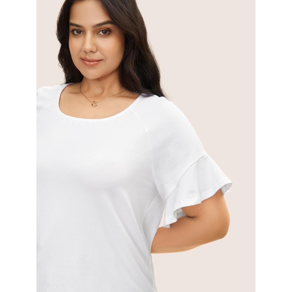 Plus Size Cotton Round Neck Plain Patchwork Ruffles T-shirt Originalwhite Women Timeless Patchwork Round Neck Elegant T-shirts BloomChic 26/4X Product Image