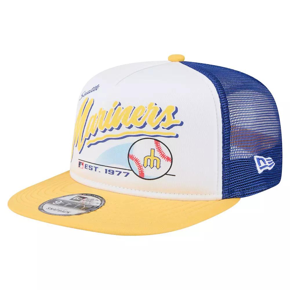 Mens New Era /Yellow Seattle Mariners Retro Script Trucker 9FIFTY Snapback Hat Product Image