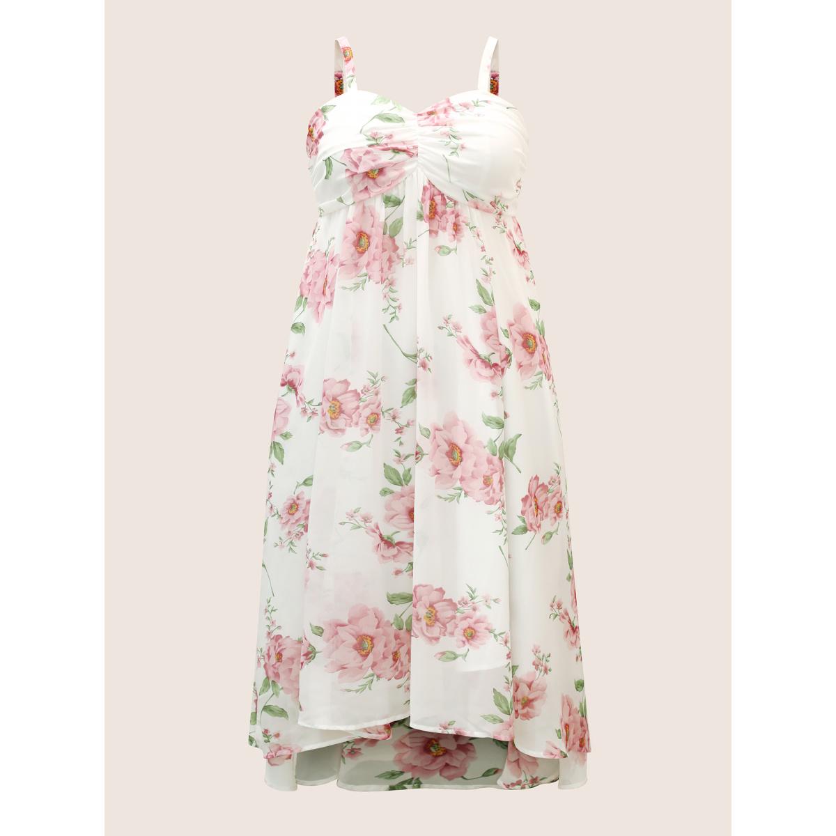 Plus Size Floral Mesh Ruched Adjustable Straps Dress Pink Women Formal Gathered Non Sleeveless Curvy BloomChic 14-16/1X Product Image