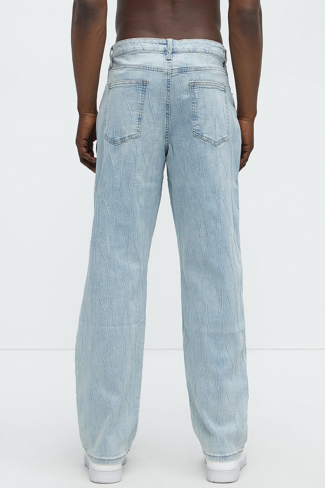 Wavy Jacquard Straight Jeans - Light Blue Wash Product Image