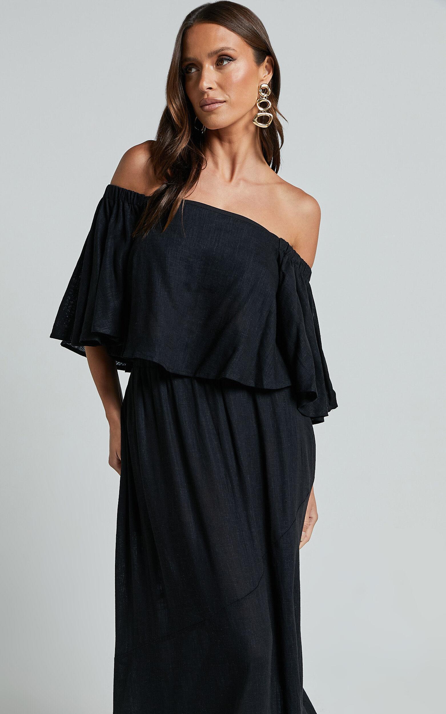 Amalie The Label - Juletta Linen Blend Flutter Sleeve Top and Midi Skirt Two Piece Set in Black Product Image