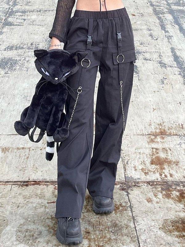 Buckle Strap Black Cargo Pants Product Image