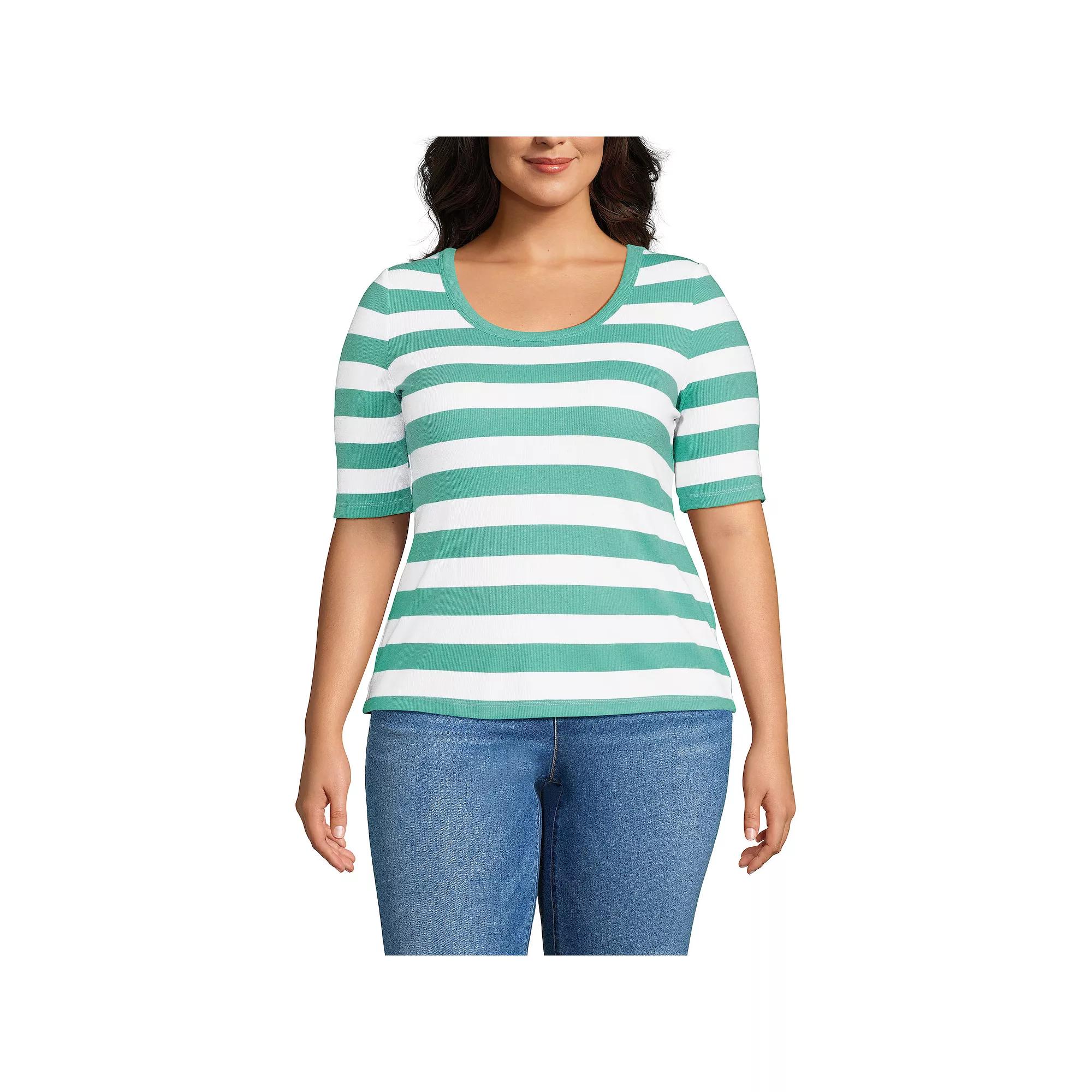 Plus Size Lands' End Drapey Rib Fitted Elbow Sleeve Scoop Neck Tee, Women's, Size: 3XL, Frosted Green Stripe Product Image