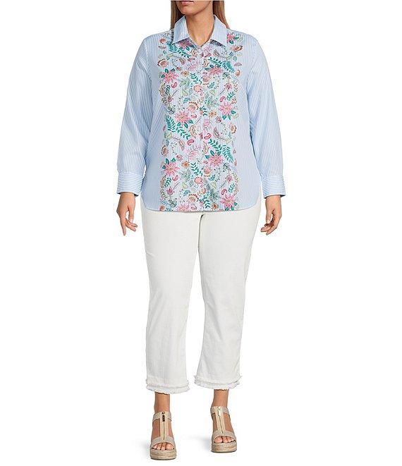 Foxcroft Plus Size Meghan Floral Stripe Point Collar Long Sleeve Button Front Shirt Product Image