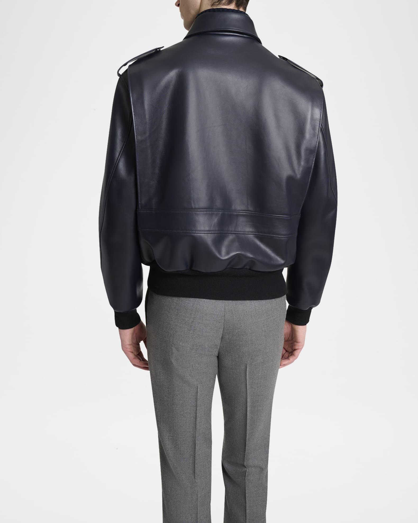 Men's Leather Concealed-Zip Bomber Jacket Product Image