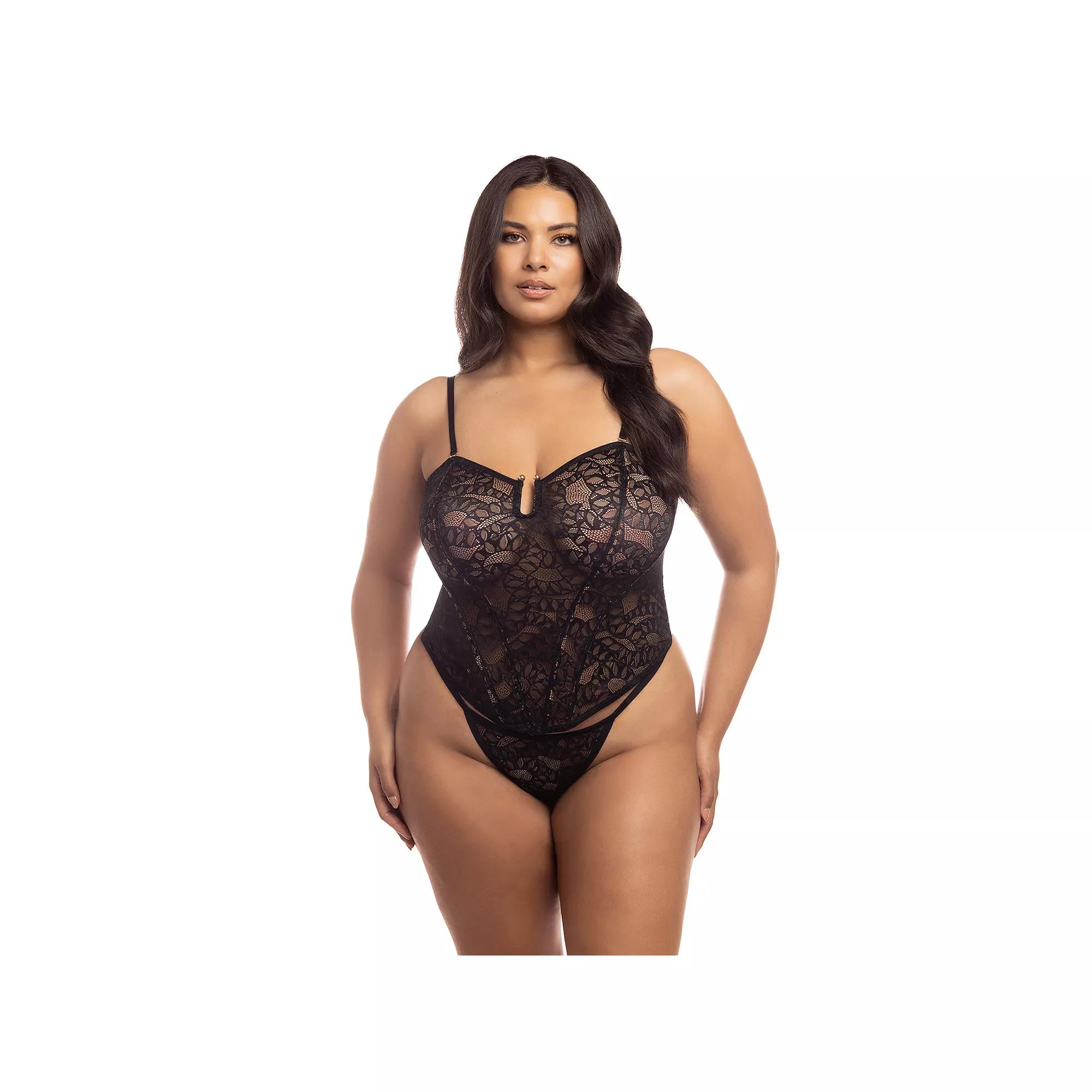 Plus Size Oh La La Cheri Kai Bustier & Thong Lingerie Set 61-11358X, Women's, Size: 1XL-2XL, Black Product Image