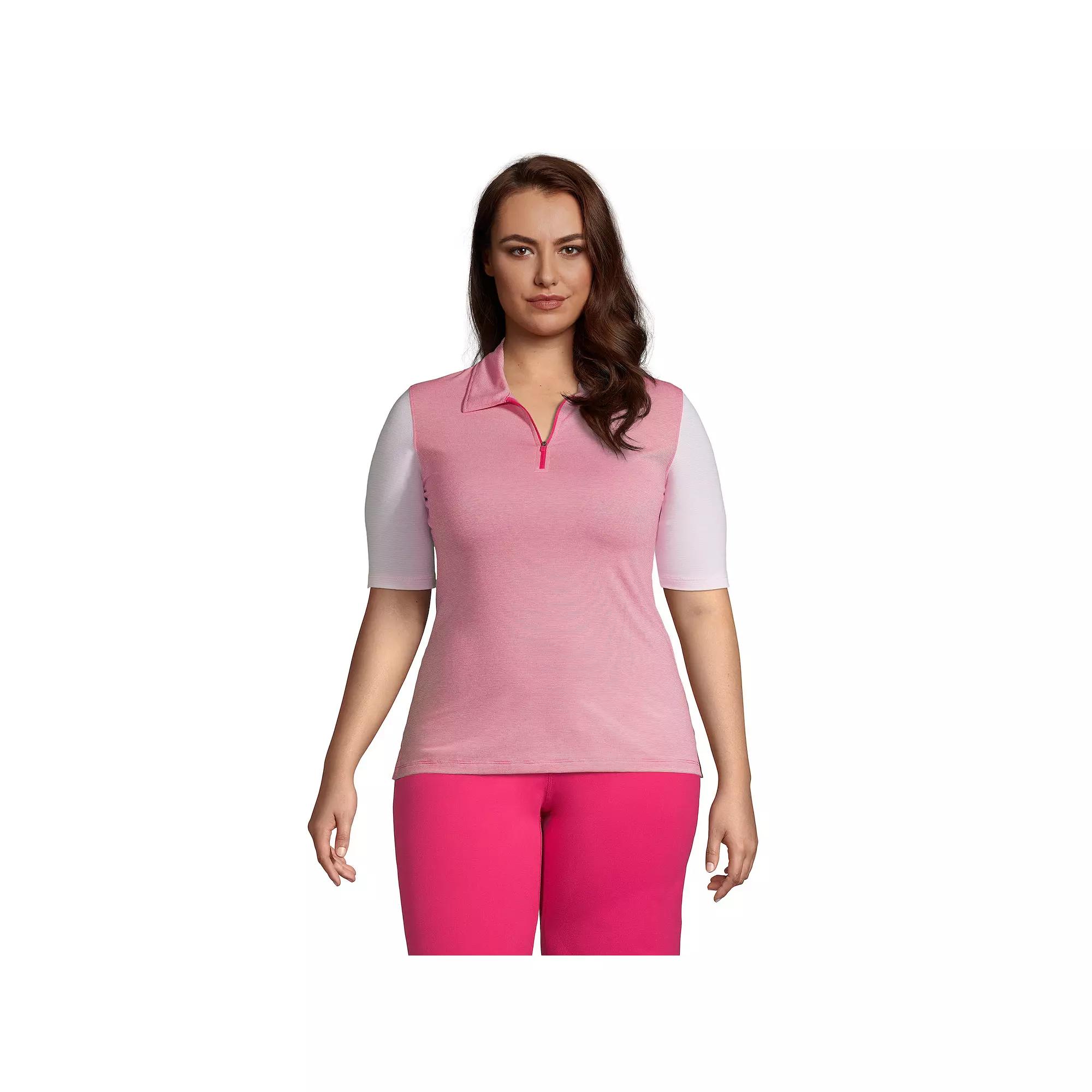 Plus Size Lands' End Power Performance Quarter-Zip Polo Shirt, Women's, Size: 1XL, Pink Stripe Mix Product Image