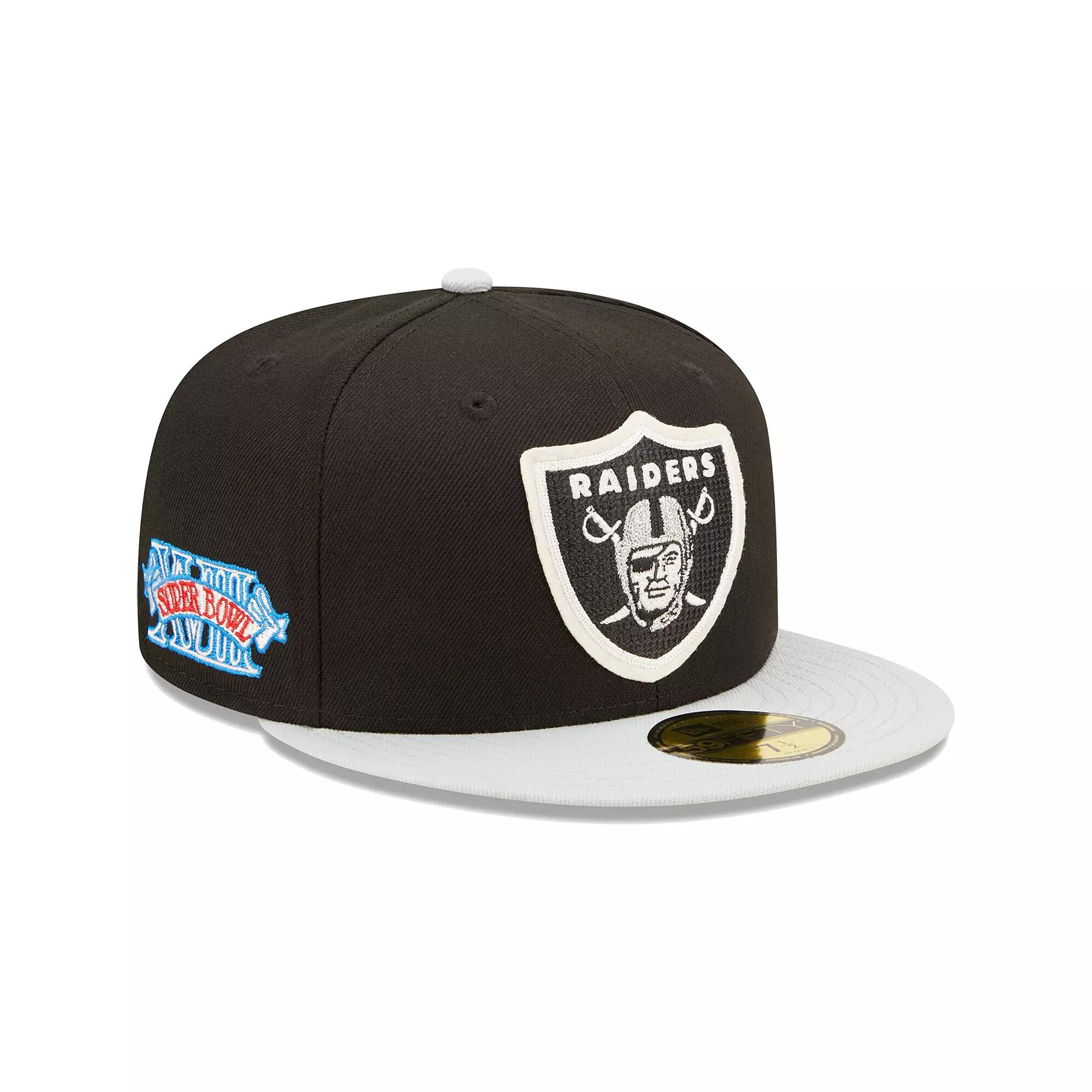 Men's New Era Black/Silver Las Vegas Raiders Super Bowl XVIII Letterman 59FIFTY Fitted Hat,  Product Image