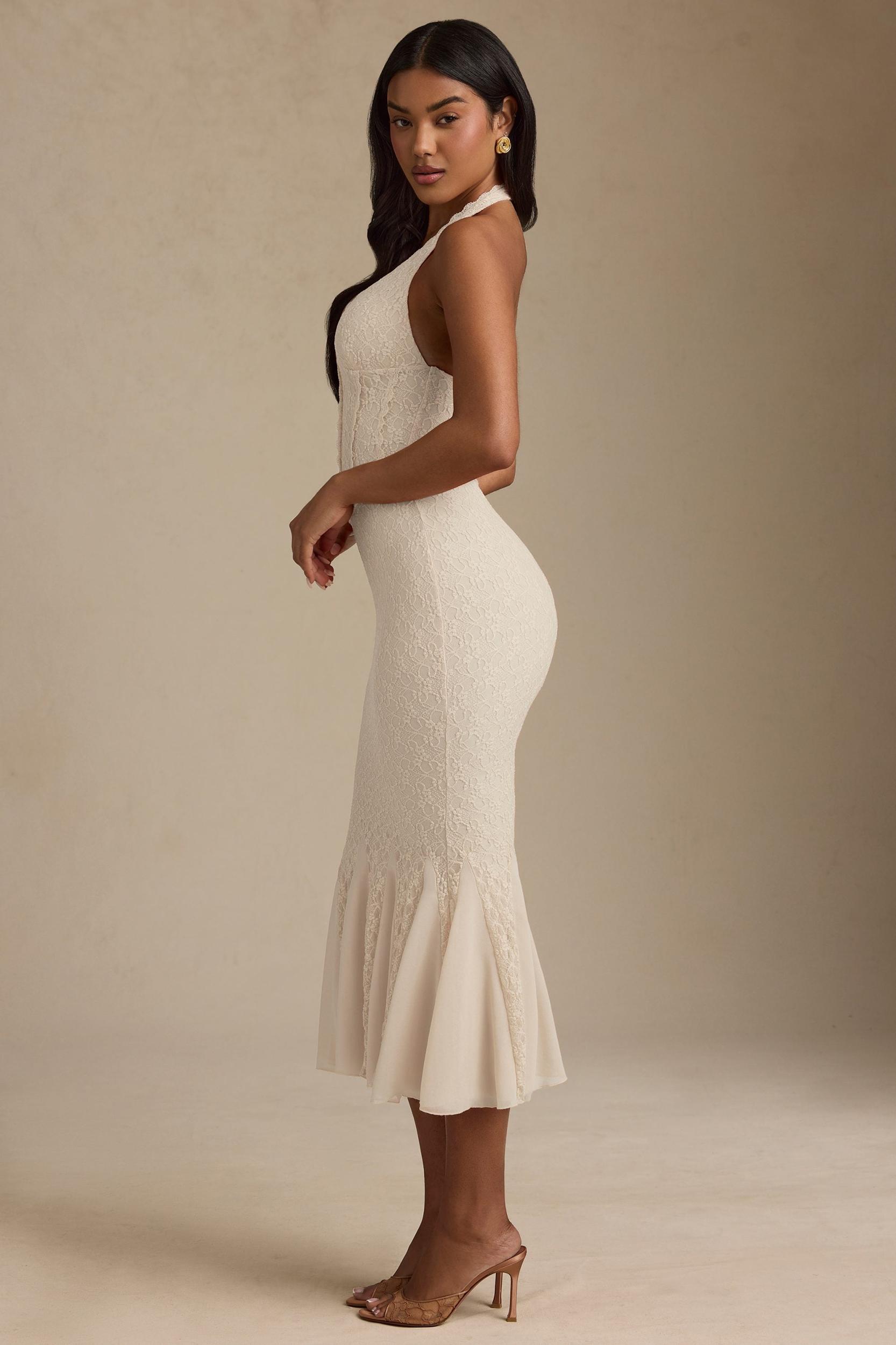 Halterneck Corset Lace Midaxi Dress in Ivory Product Image