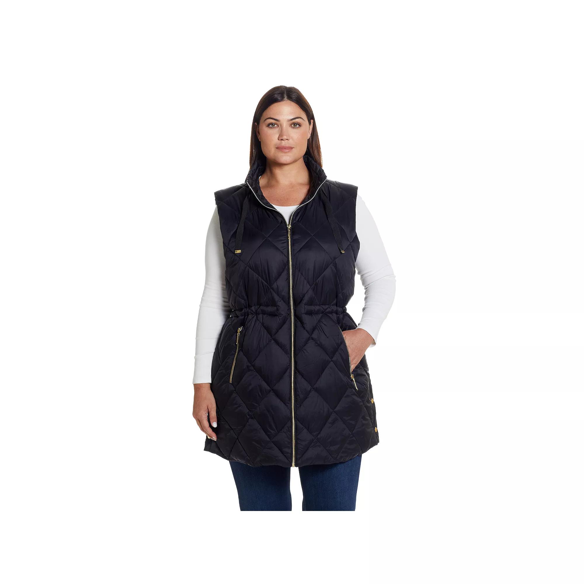 Plus Size Weathercast Diamond Quilted Puffer Longline Vest with Cinched Waist, Women's, Size: 3XL, Black Product Image