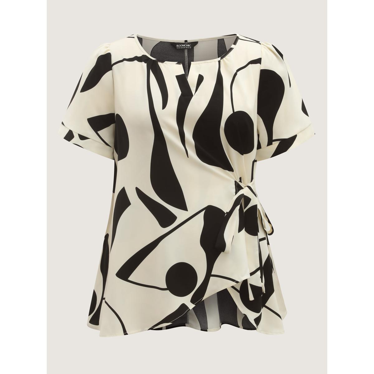 Plus Size Beige Abstract Print Knotted Blouse Women Short sleeve Flat collar with V-notch Work Blouses BloomChic 14-16/1X Product Image