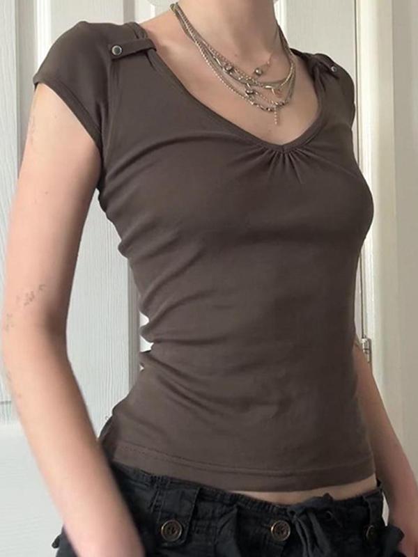 Vintage Pleated V Neck Short Sleeve Tee Product Image