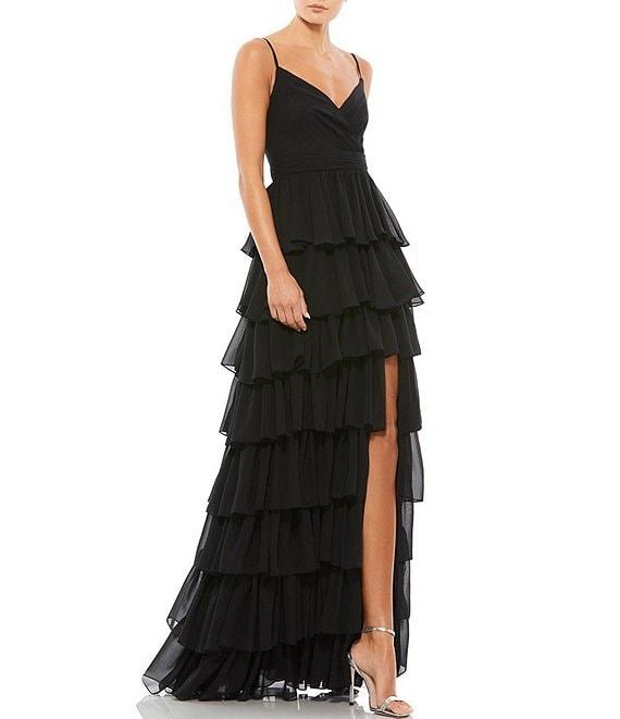 Mac Duggal Tiered Ruffle V-Neck Sleeveless V-Back Thigh High Slit A-Line Gown Product Image