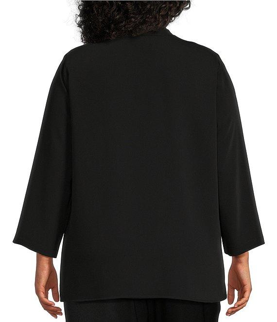 Caroline Rose Plus Size Matte Crepe Mandarin Collar 3/4 Sleeve Black Rhinestone Button Statement Jacket Product Image