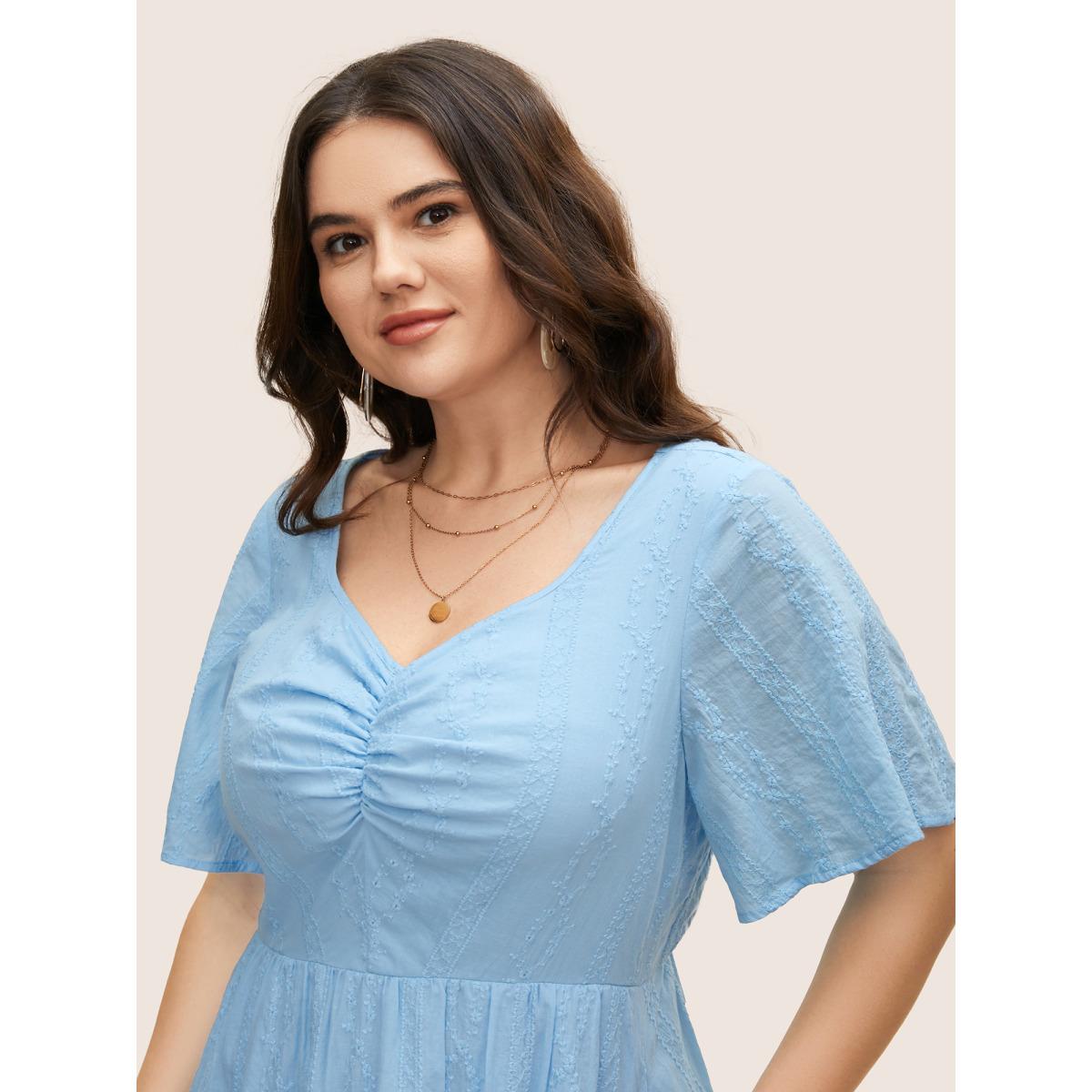 Plus Size Floral Chain Embroidered Ruched Midi Dress LightBlue Women Elegant Heart neckline Short sleeve Curvy BloomChic 12/L Product Image