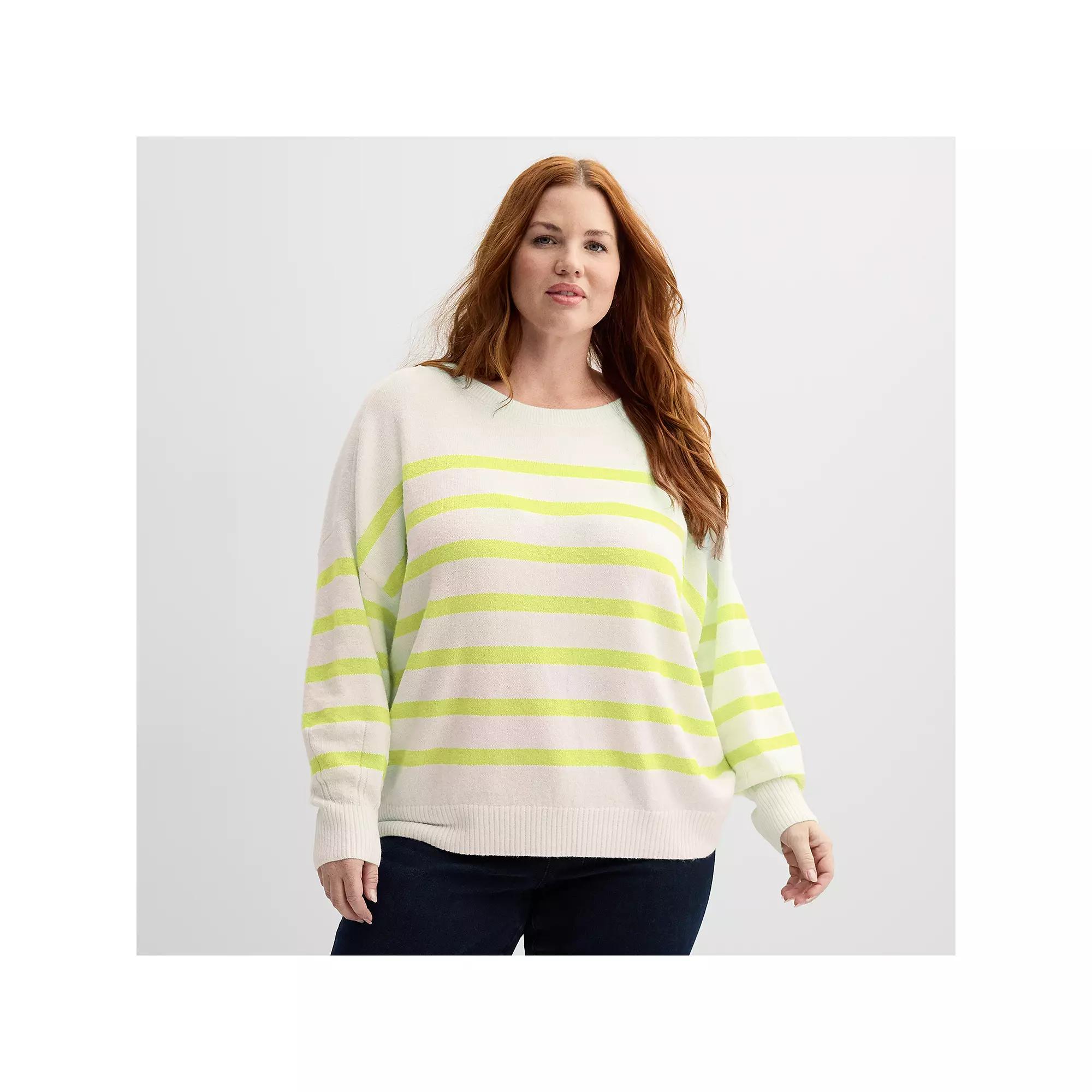 Plus Size Sonoma Goods For Life® Balloon Sleeve Sweater, Women's, Size: 4XL, Ivory Lime Stripe Product Image