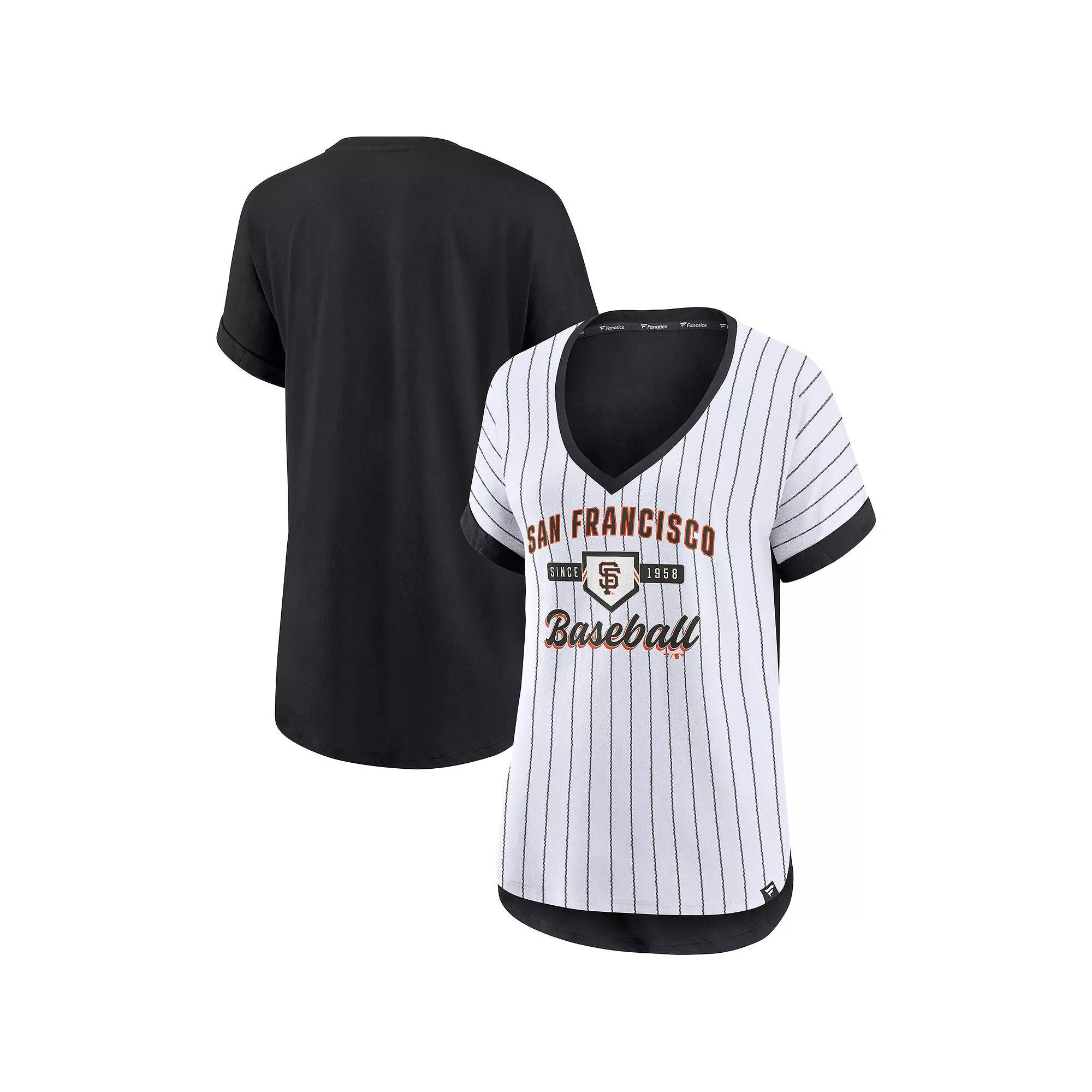 Women's Fanatics Branded White/Black San Francisco Giants Iconic Noise Factor Pinstripe V-Neck T-Shirt, Size: XS Product Image