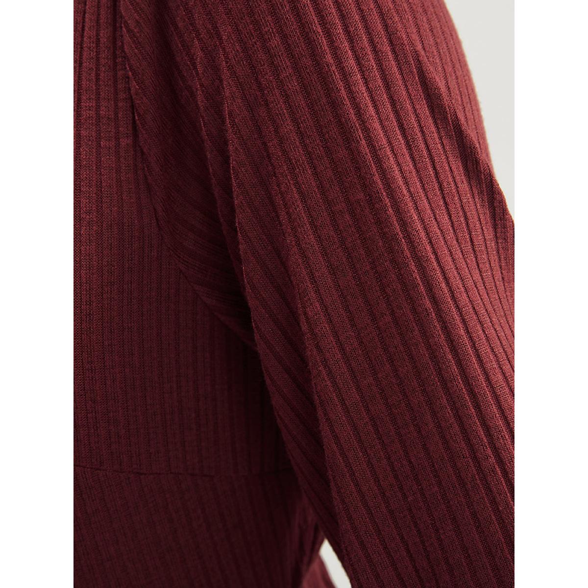 Plus Size Solid Lantern Sleeve Tie Neck Pocket Rib Knit Dress Burgundy Women Casual Pocket V-neck Long Sleeve Curvy Midi Dress BloomChic 28/5X Product Image