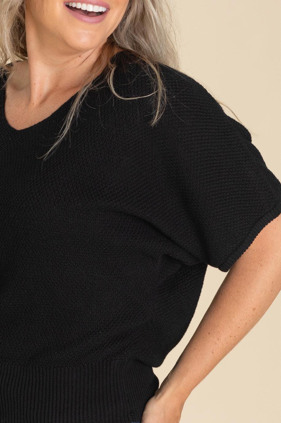 V-Neck Short Sleeve Dolman Knit Sweater Tops Product Image