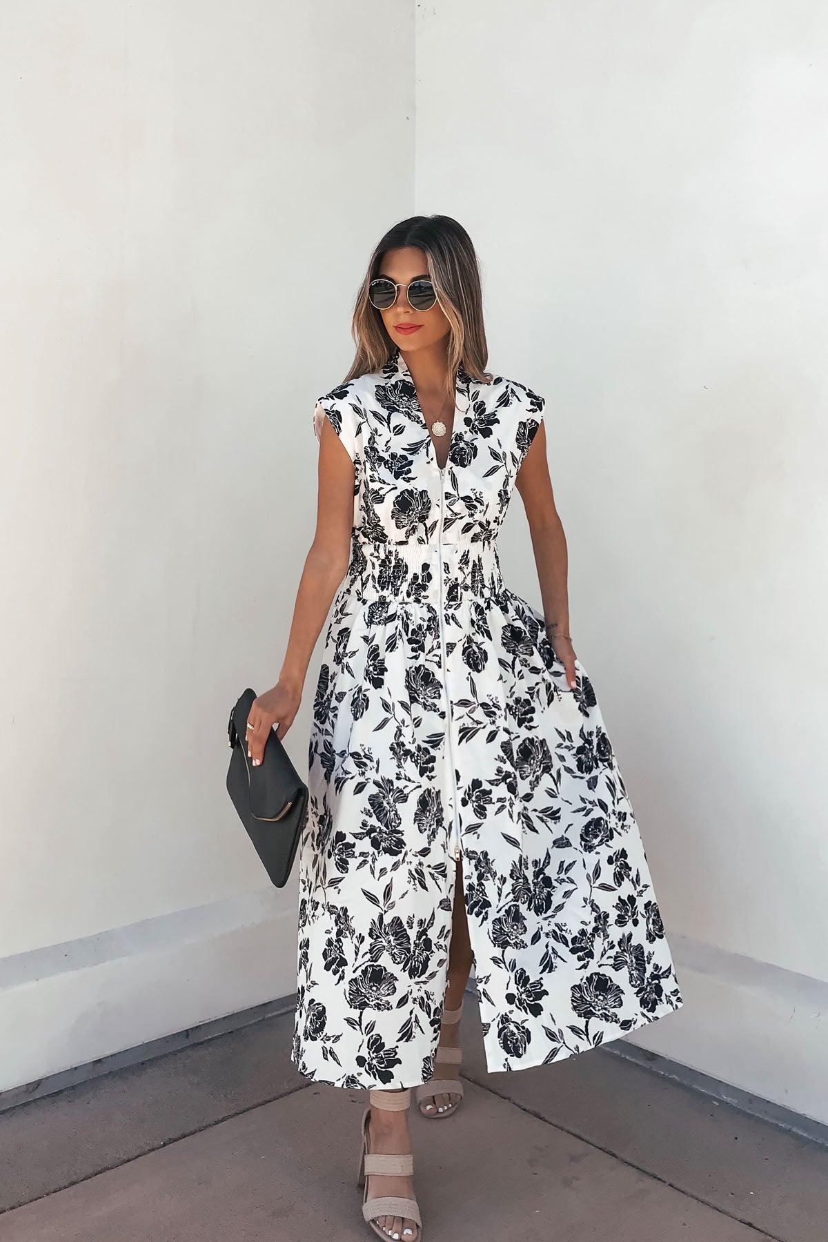 White and Black Floral Print Smocked Midi Dress Product Image