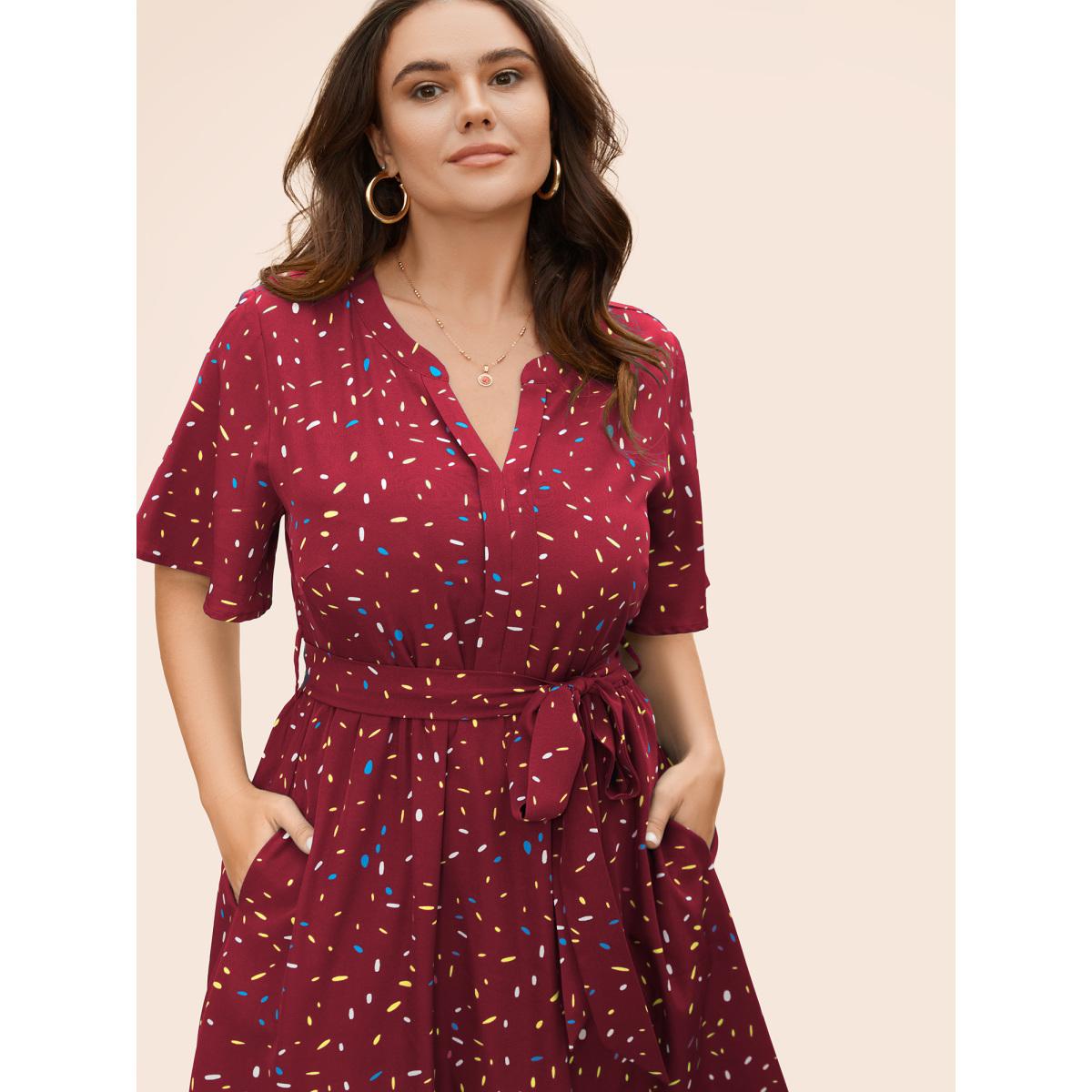 Plus Size Split Neck Confetti Print Midi Dress Burgundy Women Elegant Belted Notched collar Short sleeve Curvy BloomChic 14-16/1X Product Image