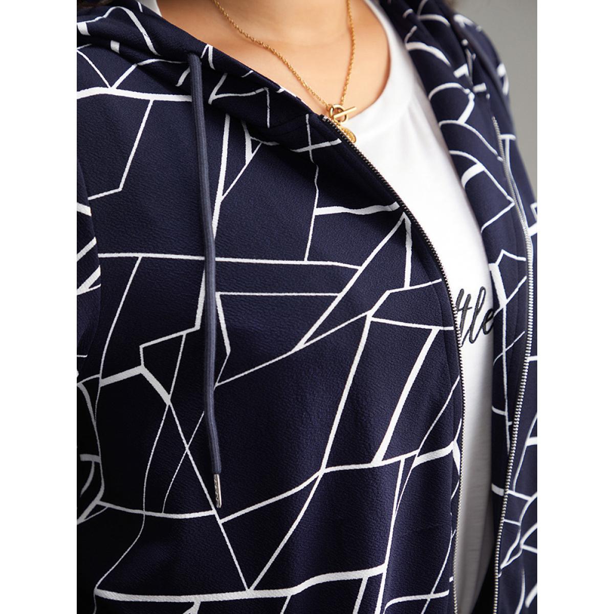 Plus Size Geometric Zipper Hooded Drawstring Sweatshirt Women Midnight Casual Printed Hooded Dailywear Sweatshirts BloomChic 28/5X Product Image