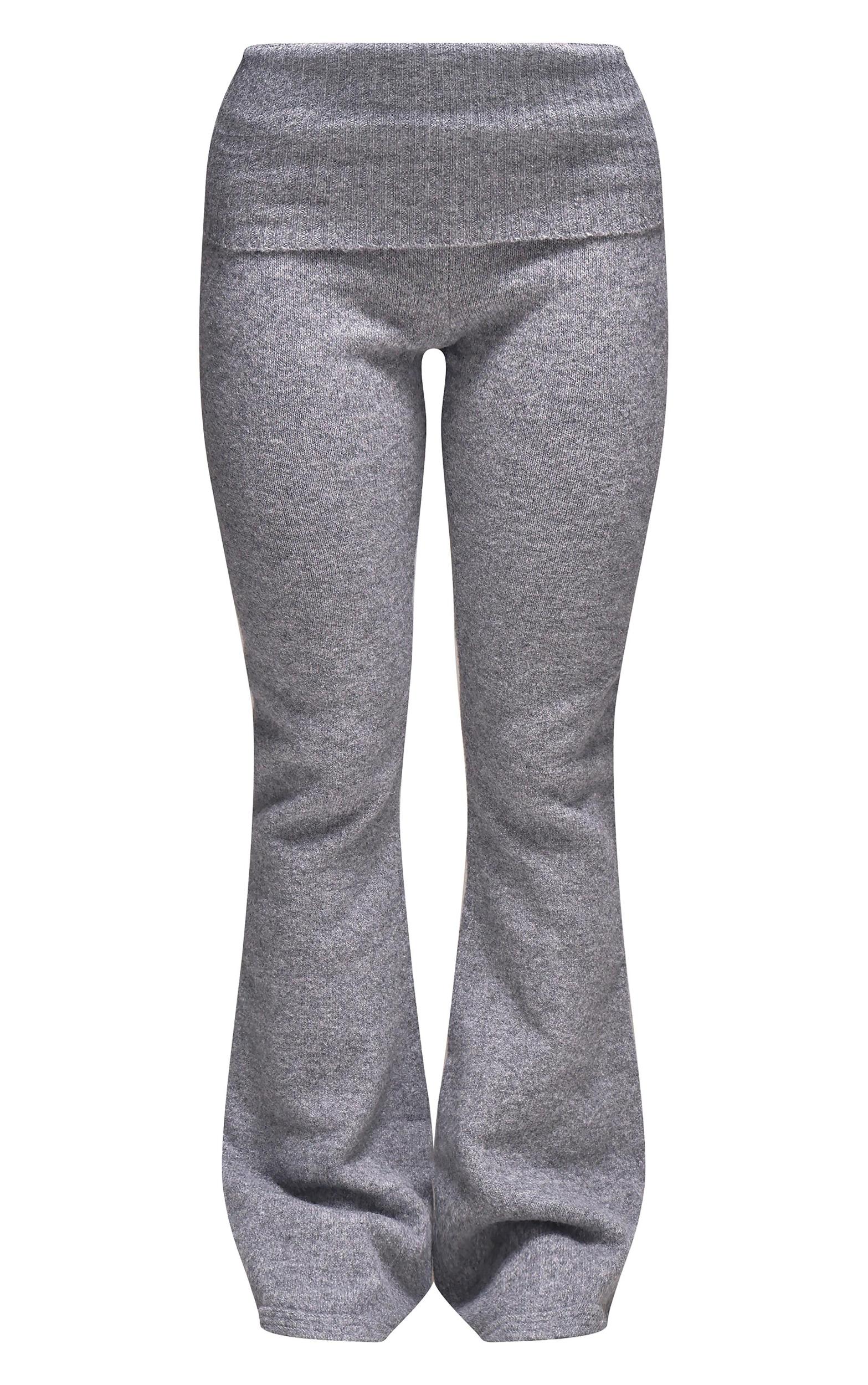 Ash Grey Melange Soft Knit Foldover Waist Flared Pants Product Image