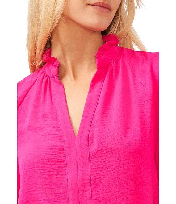 CeCe Drapey Gauze Ruffled Split V-Neck Short Puffed Sleeve Blouse Product Image