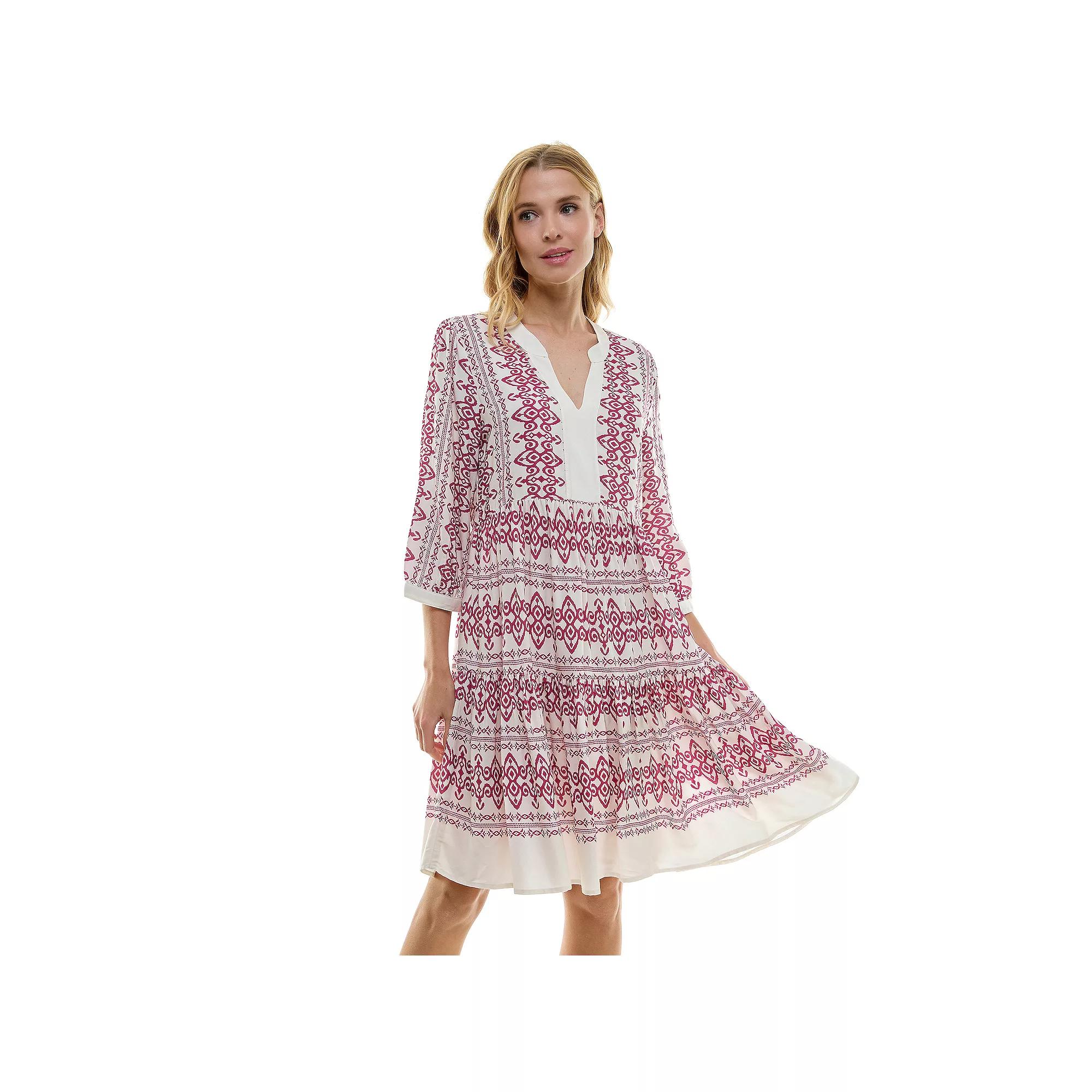 Women's Figueroa & Flower V-Neck Elbow Sleeve Baby Doll Dress, Size: Small, Cream Pink Product Image