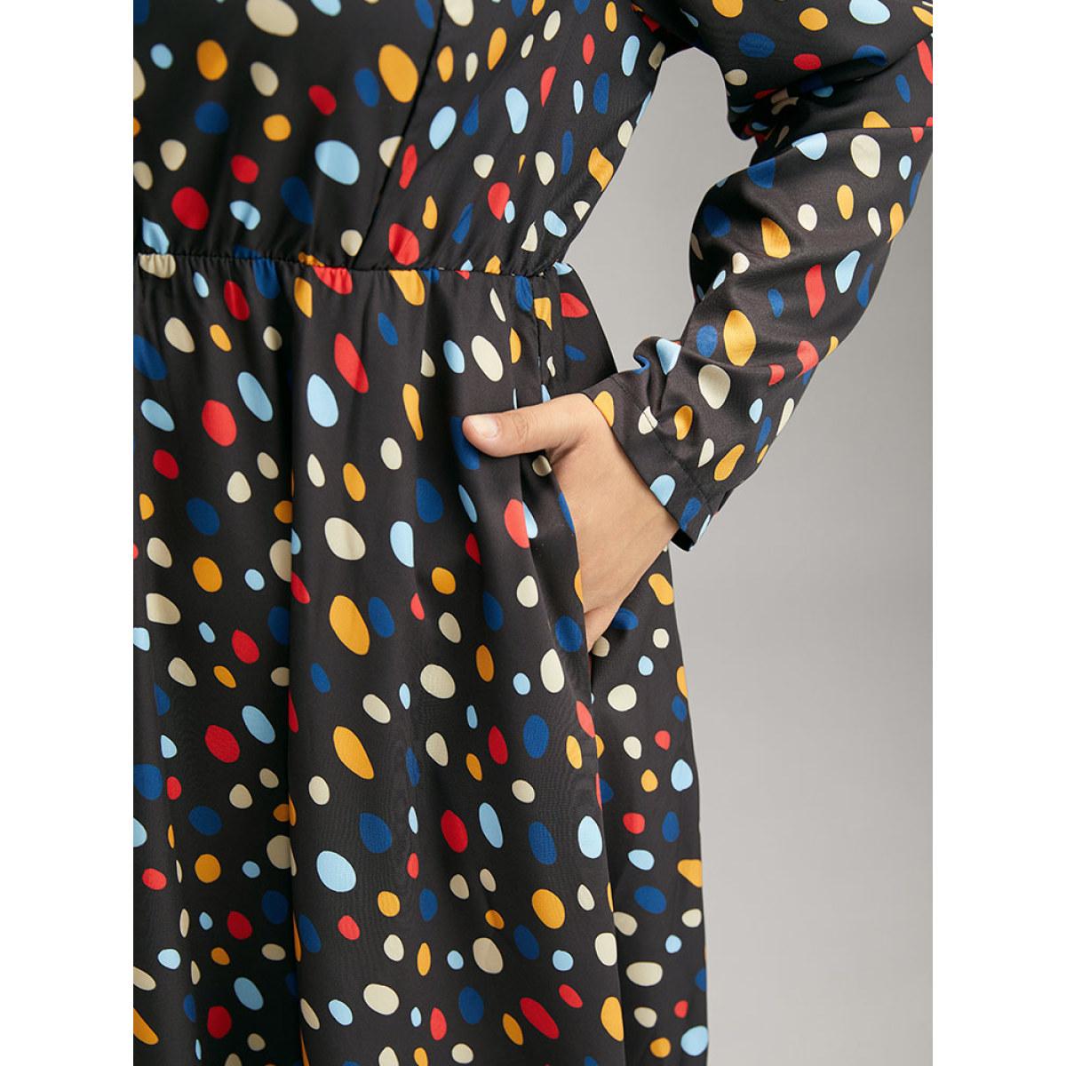 Plus Size Contrast Polka Dot Pocket Long Sleeve Dress Black Women Elegant Printed Square Neck Long Sleeve Curvy Midi Dress BloomChic 12/L Product Image