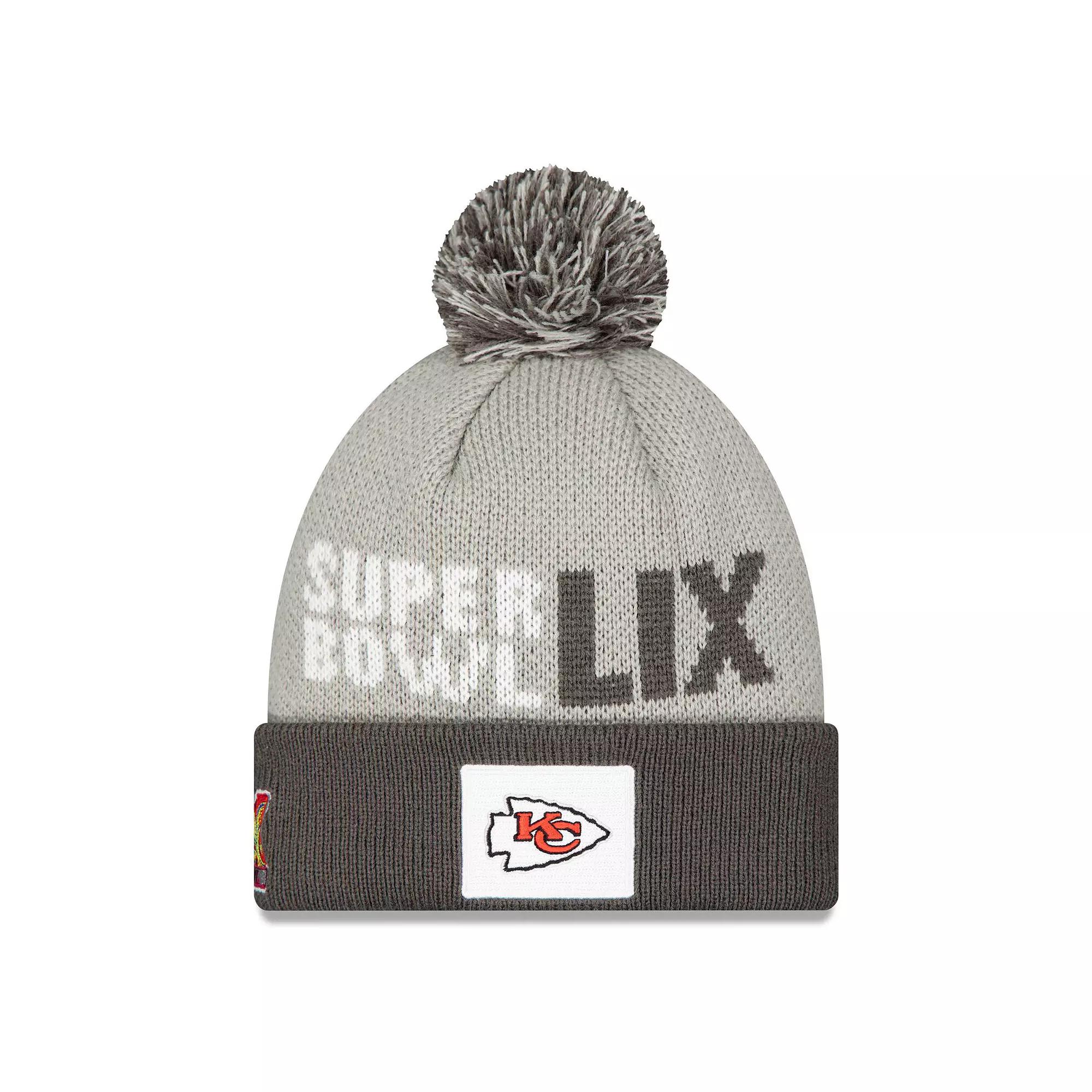 Men's New Era Gray Kansas City Chiefs Super Bowl LIX Opening Night Knit Hat with Pom, Grey Product Image