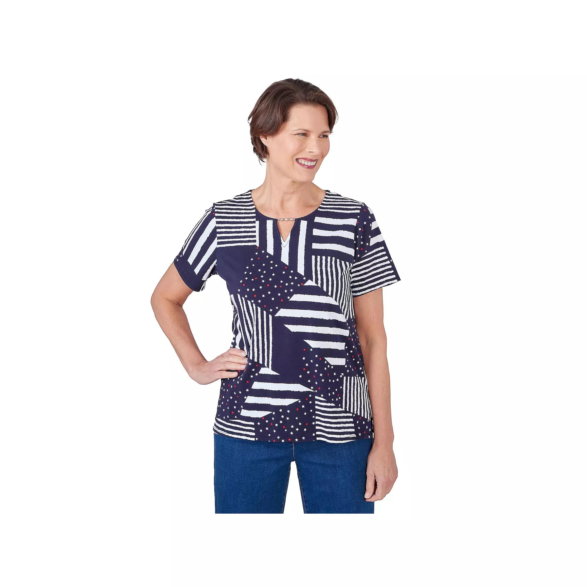 Women's Alfred Dunner Stars and Stripes Split Neck T-Shirt, Size: Medium, Blue Product Image