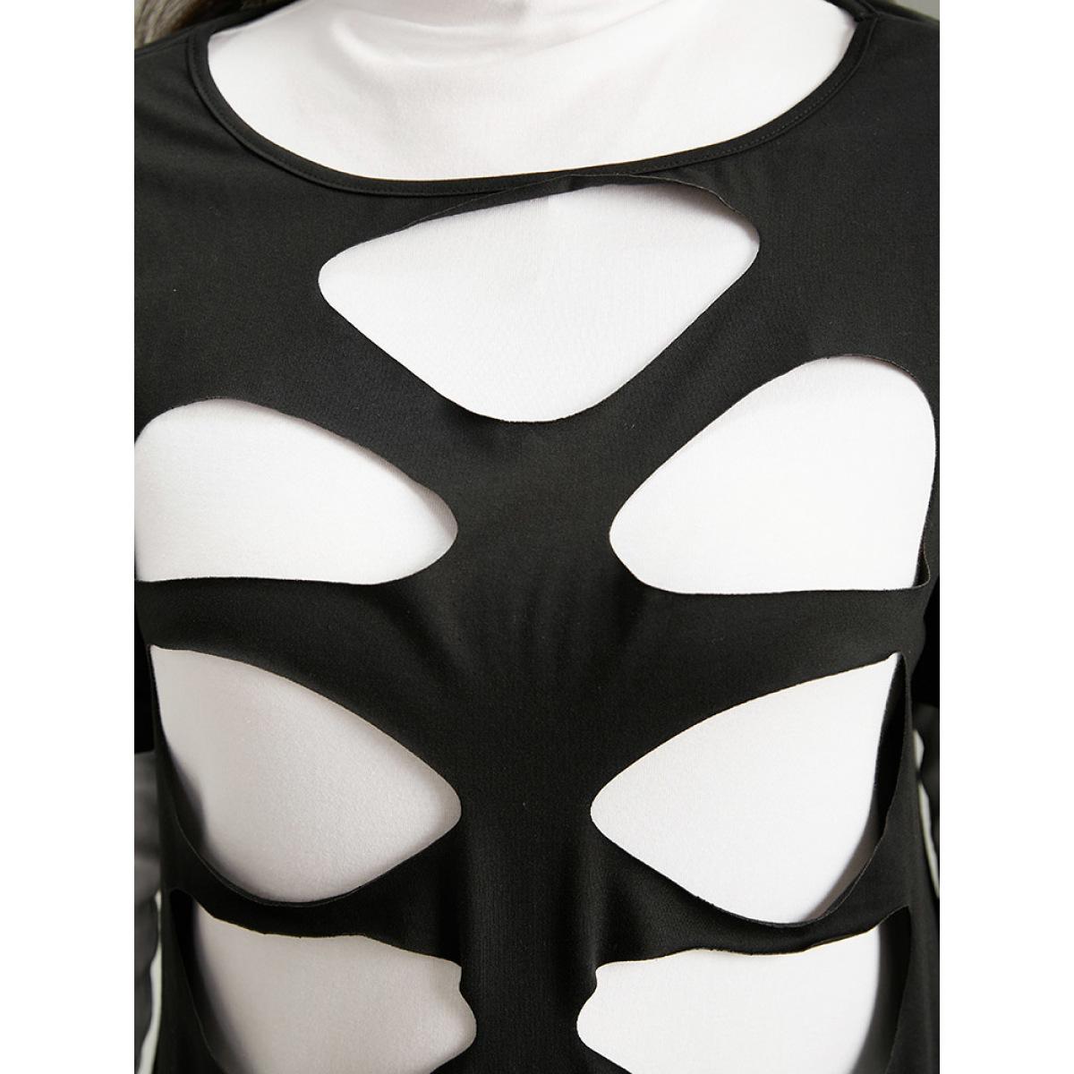 Plus Size Halloween Solid Distressed T-shirt Black Women Casual Plain Plain Keyhole Cut-Out Festival-Halloween T-shirts BloomChic 26/4X Product Image