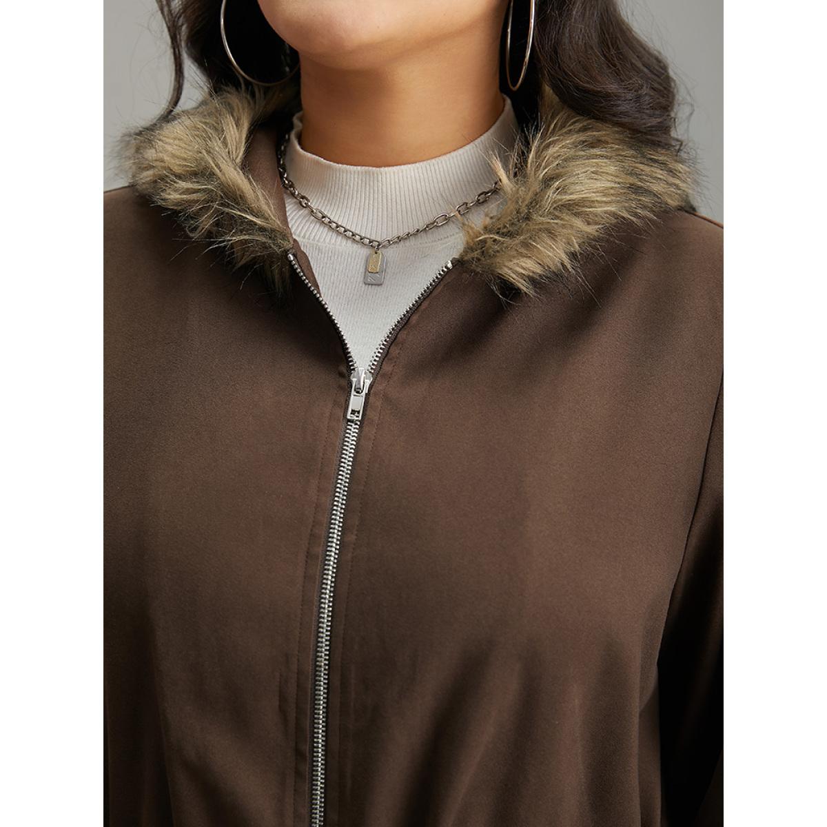 Plus Size Fuzzy Trim Patchwork Zipper Drawstring Buckle Detail Jacket Women DarkBrown Elastic cuffs Pocket Dailywear Jackets BloomChic 14-16/1X Product Image