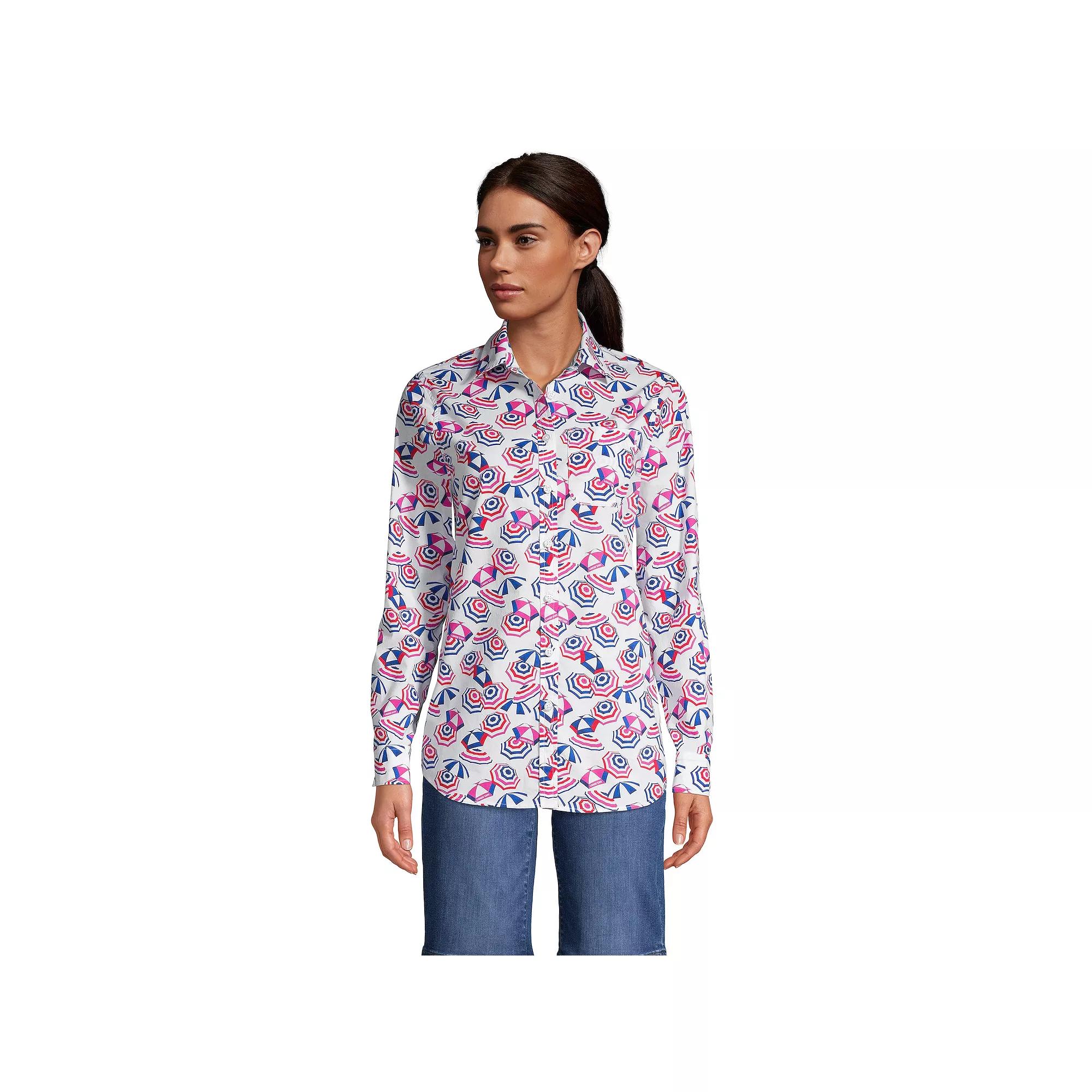Women's Lands' End Print Poplin Boyfriend Tunic Shirt, Size: Large, White Beach Umbrella Product Image