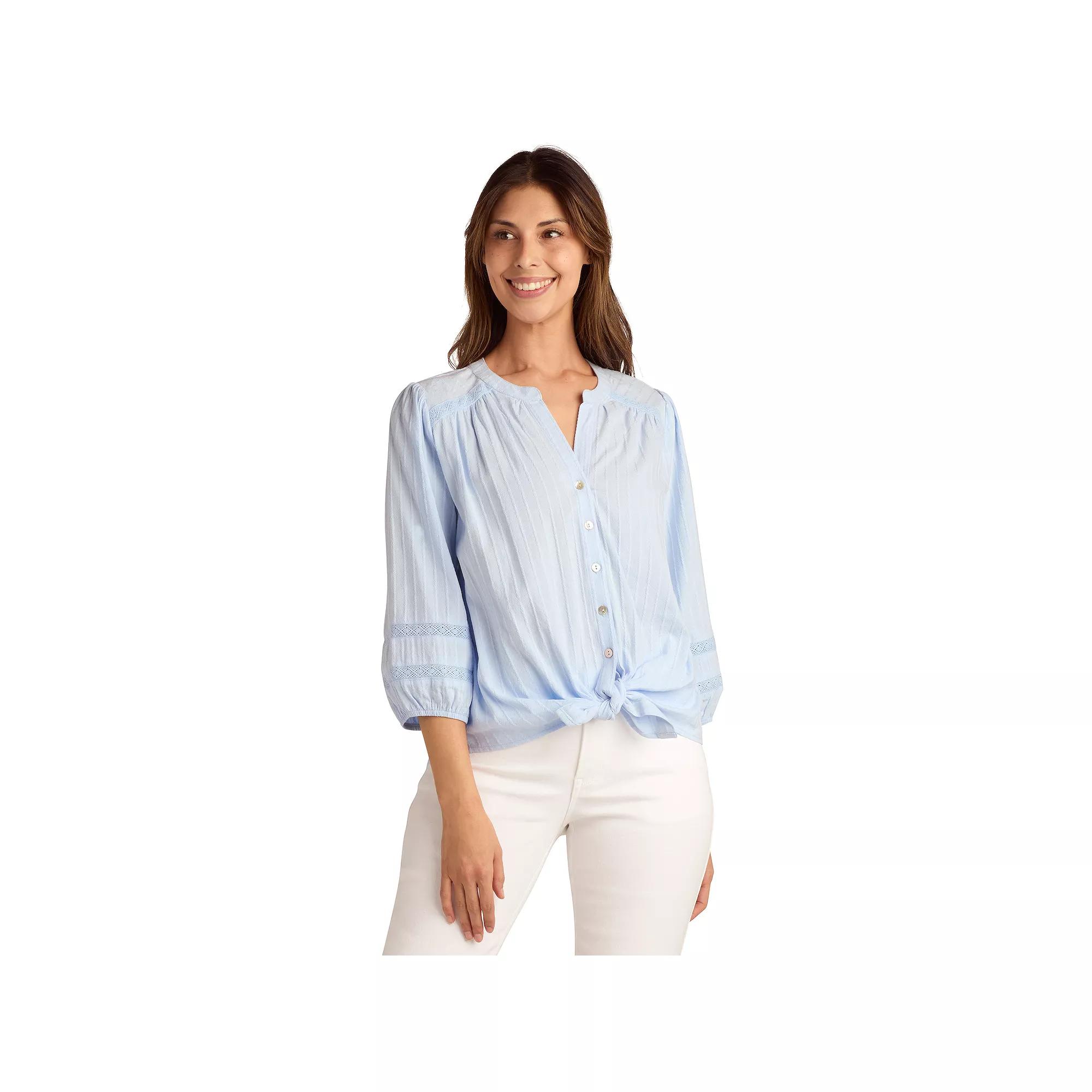 Women's AB Studio Three Quarter Sleeve Button Front Y-Neck Shirt, Size: XS, Light Blue Product Image